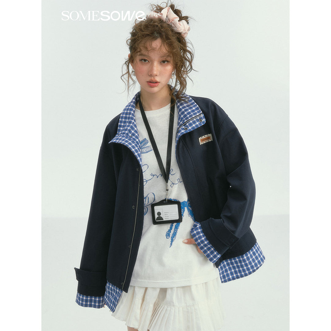 SomeSowe Plaid Patchwork Stand Collar Jacket Navy Blue