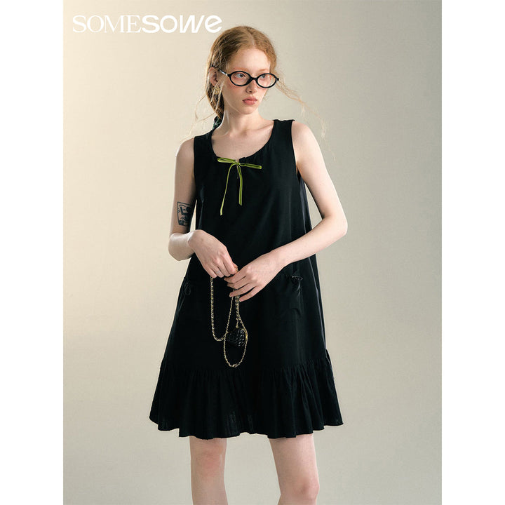 SomeSowe Bow Drawstring Cargo Vest Dress Black