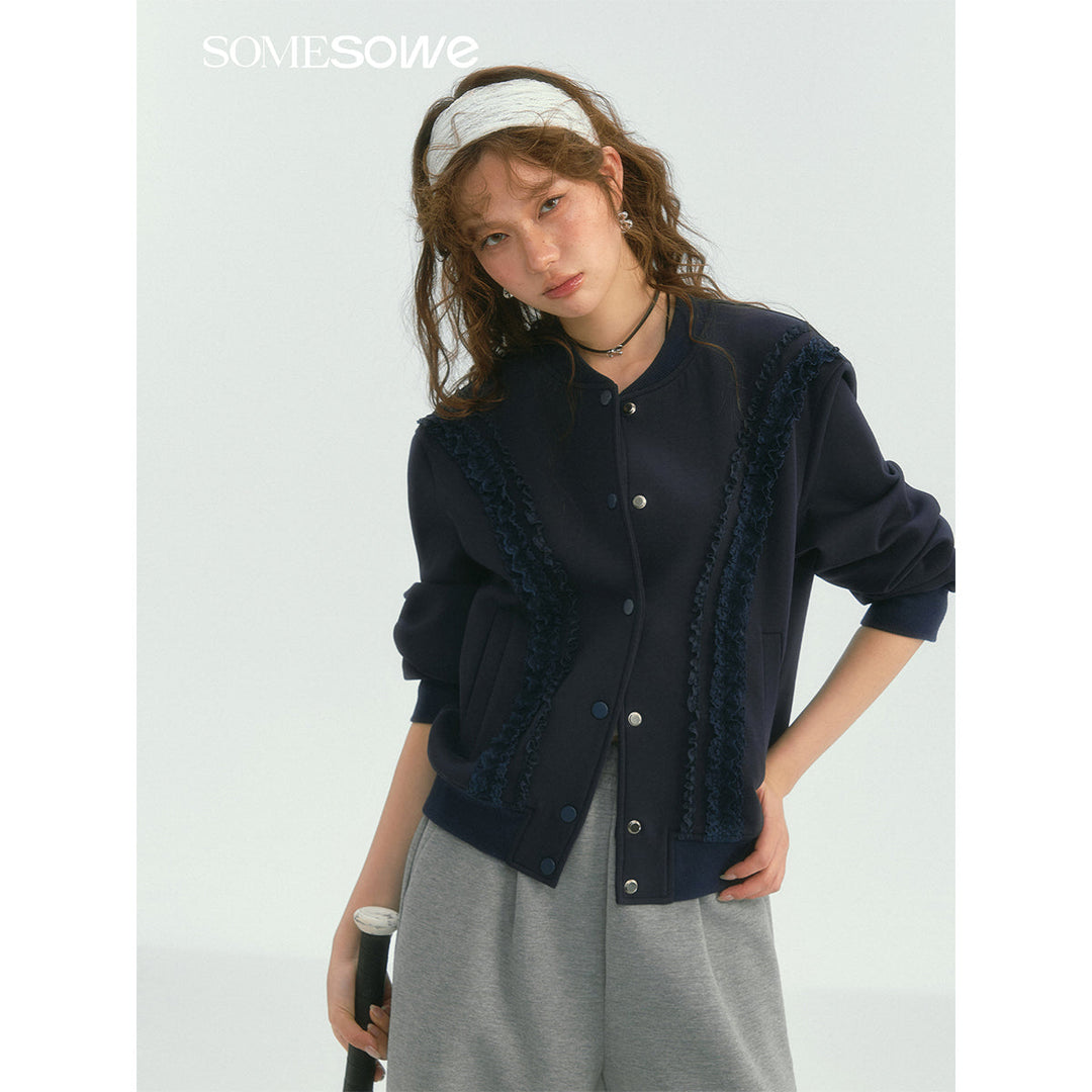 SomeSowe Lace Edge Casual Baseball Jacket Navy Blue