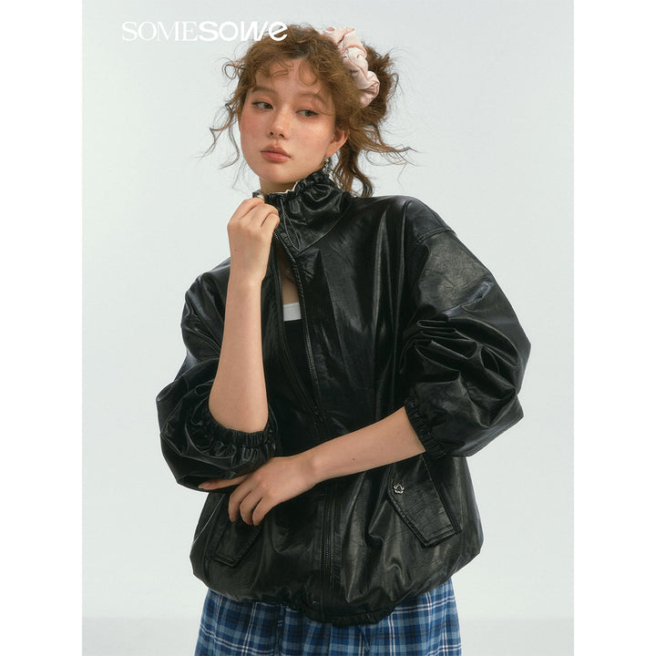 SomeSowe Oil Wax Leather Casual Jacket Black