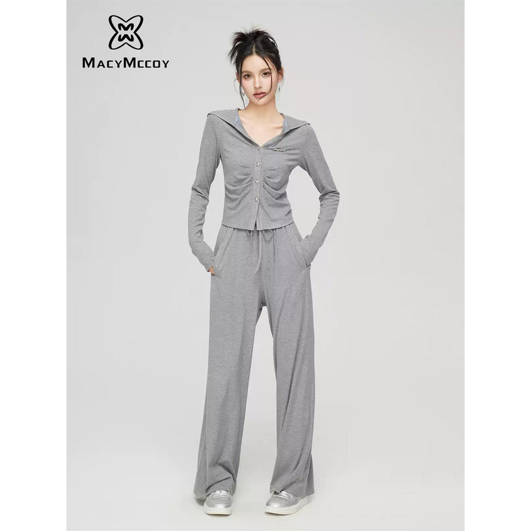 MacyMccoy Pleated Draped Knit Short Top And Wide-Leg Pants Set Gray