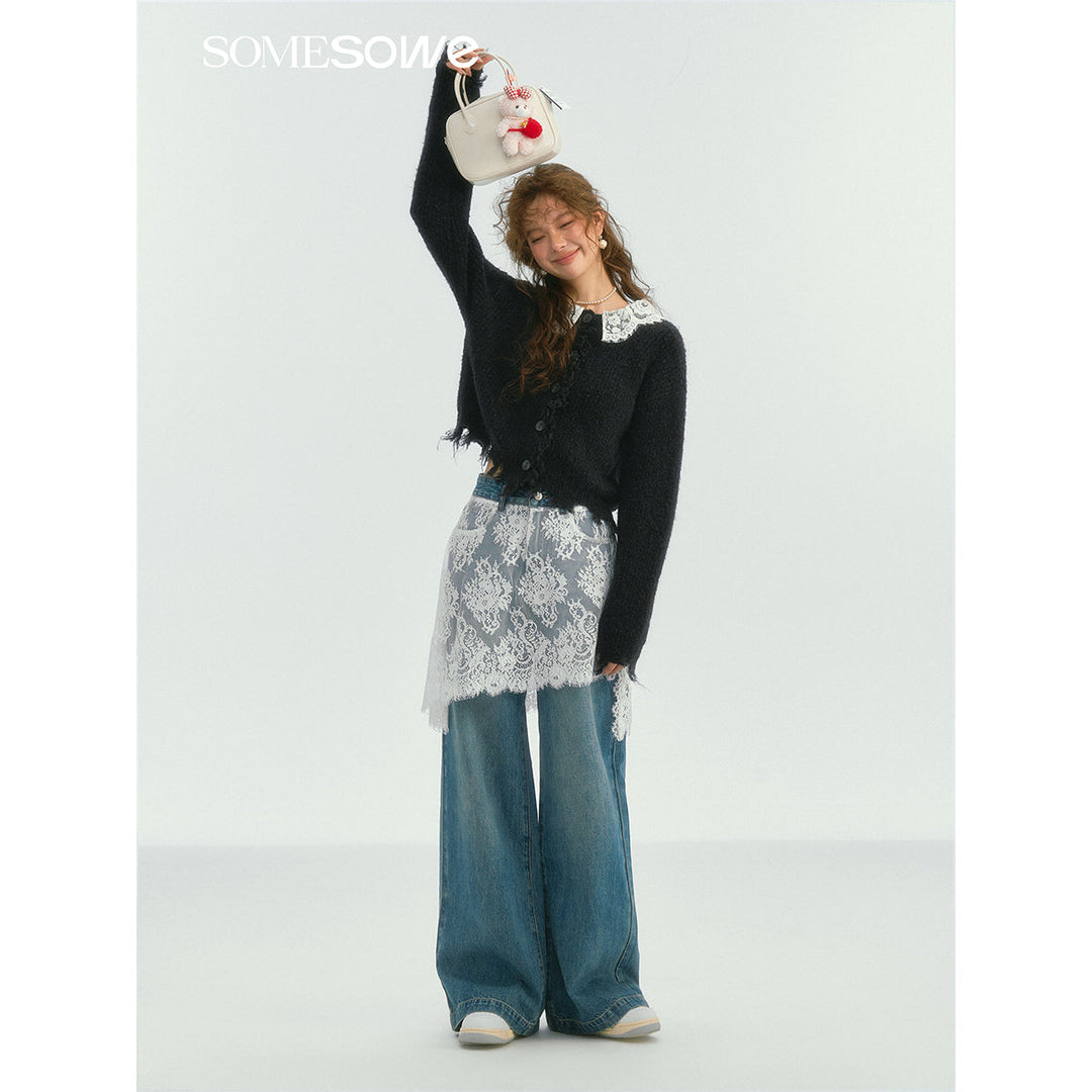 SomeSowe Lace Patchwork Wide-Leg Denim Pants