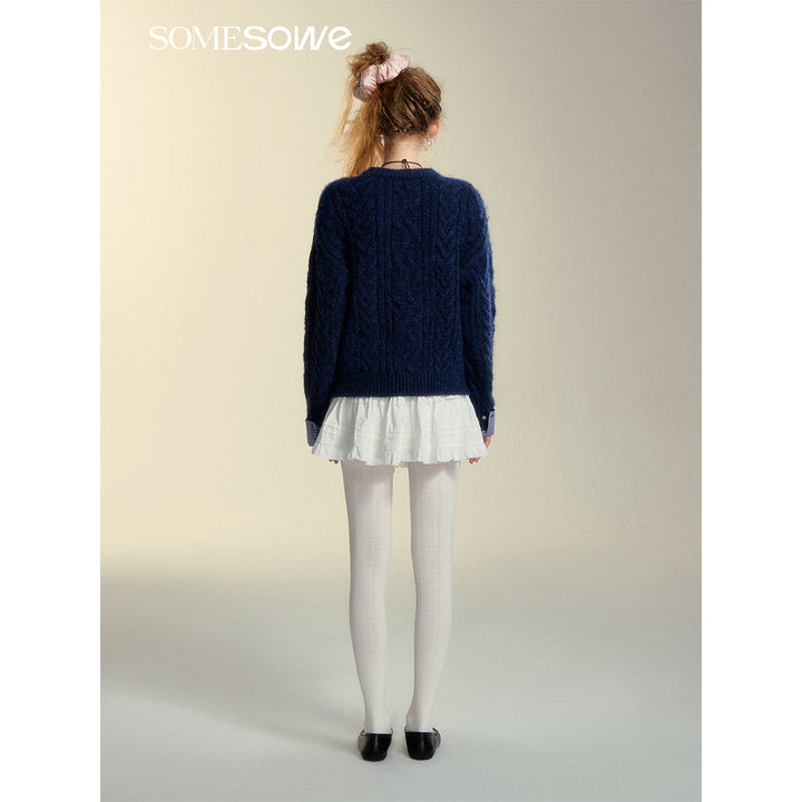 SomeSowe Plaid Drawstring Knit Sweater Blue