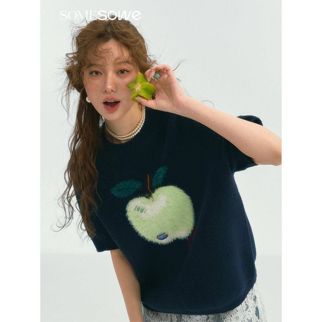 SomeSowe Green Apple Short Sleeve Knit Sweater Navy Blue