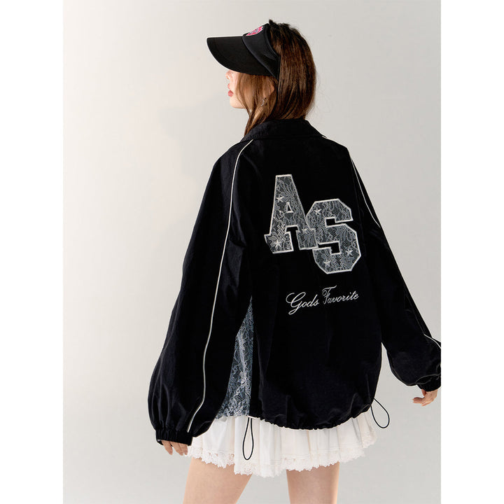 AsGony Retro Lace Applique Casual Jacket Black