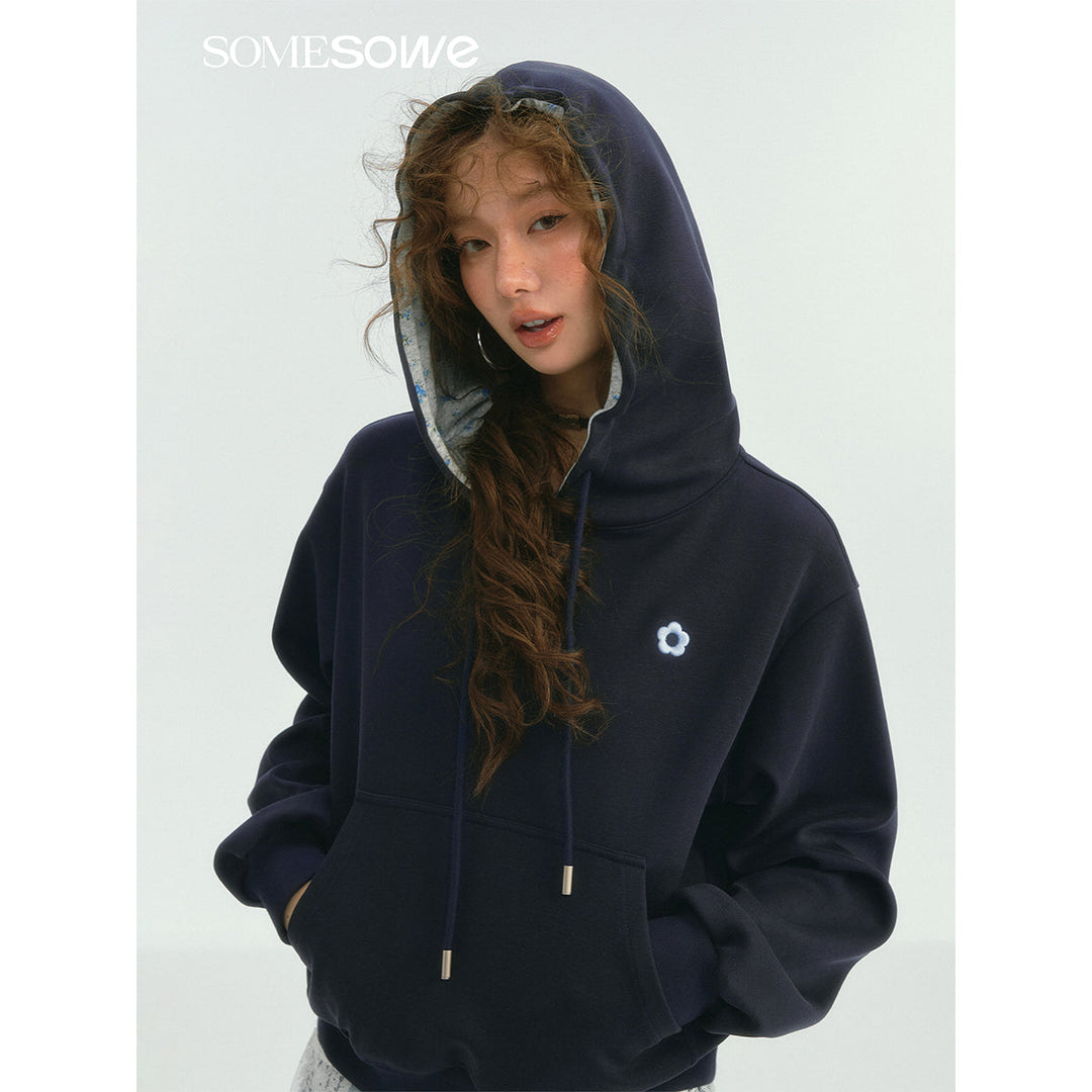 SomeSowe Contrast Color Floral Hoodie Navy Blue