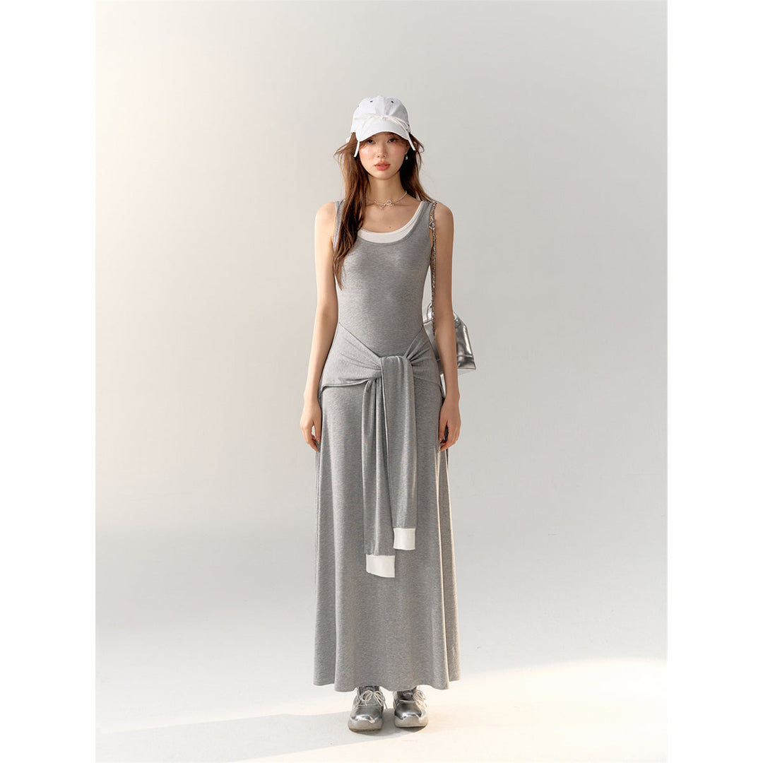 AsGony Fake-2-Piece Strap Knit Vest Long Dress Gray