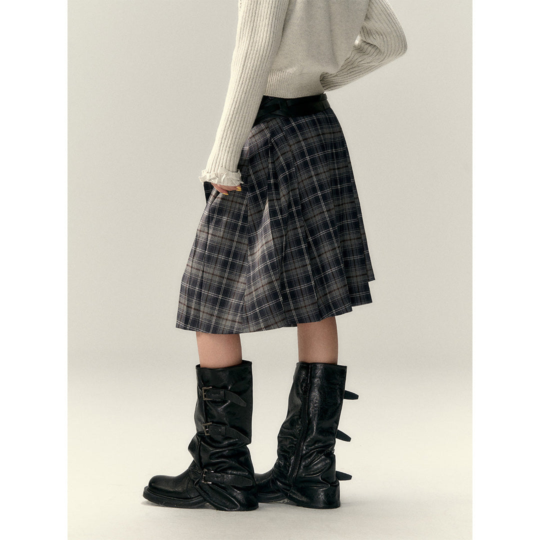 Via Pitti Irregular Plaid Loose Skirt Gray