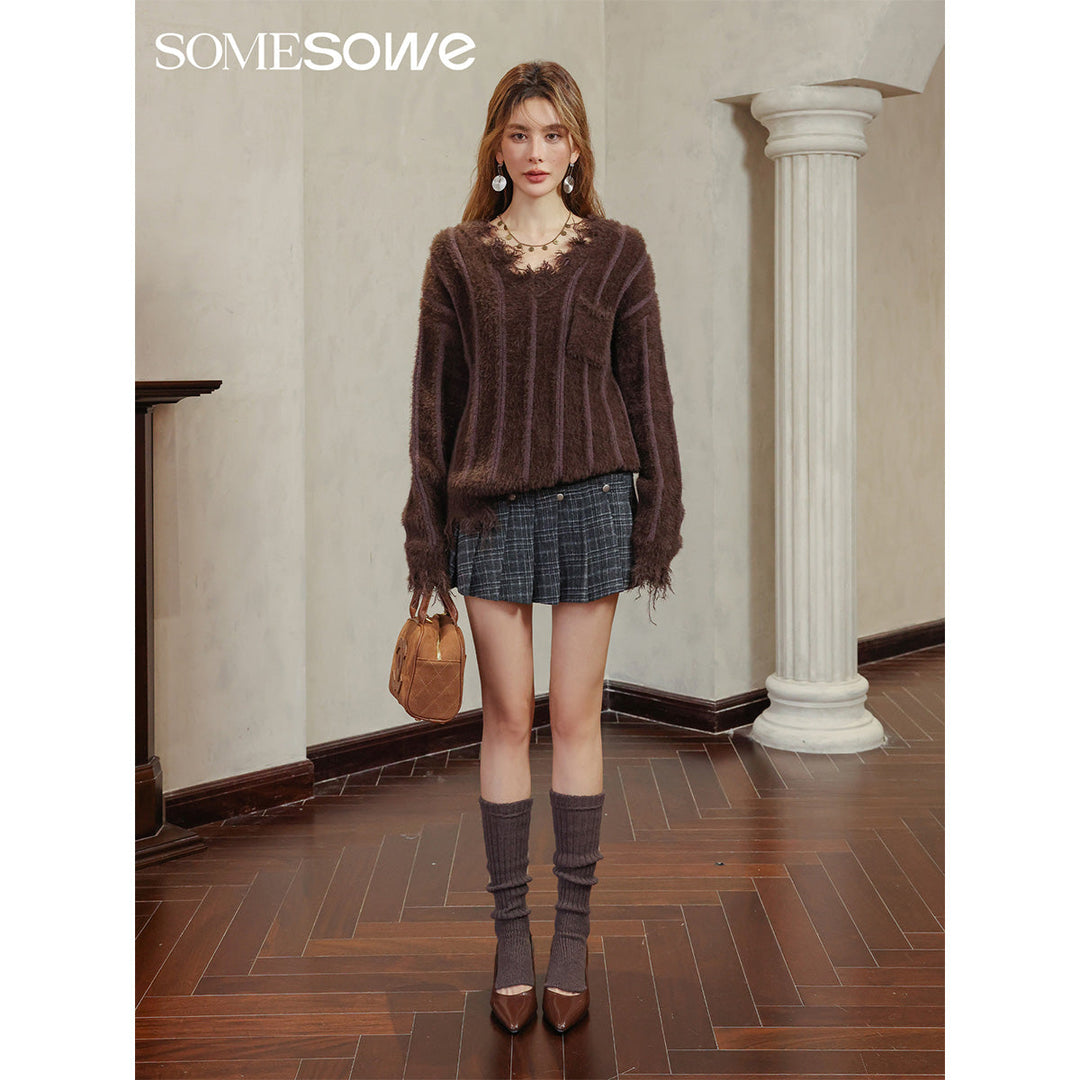 SomeSowe Destroyed Edge V-Neck Fluffy Sweater - Mores Studio