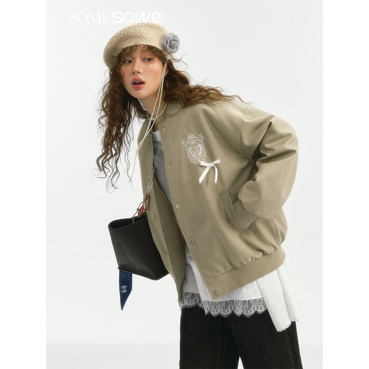 SomeSowe Bow Badge Casual Baseball Jacket Khaki