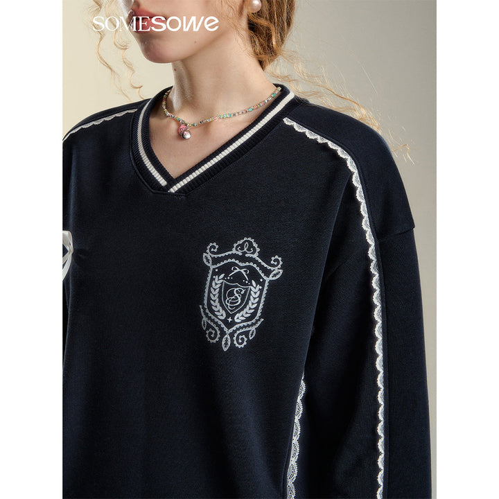 SomeSowe Lace Badge V-Neck Sweatshirt Navy Blue