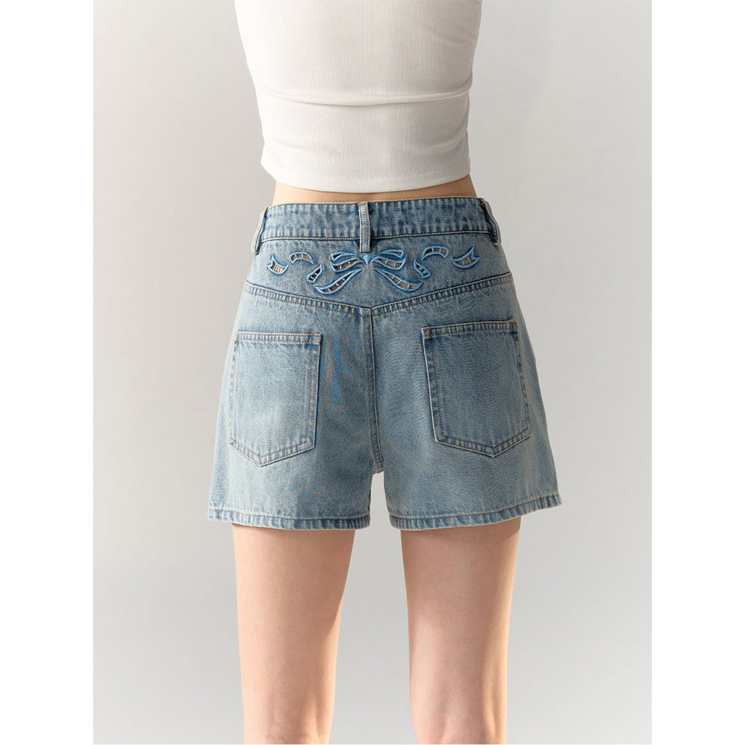 AsGony Bow Tie Embroidered Denim Shorts