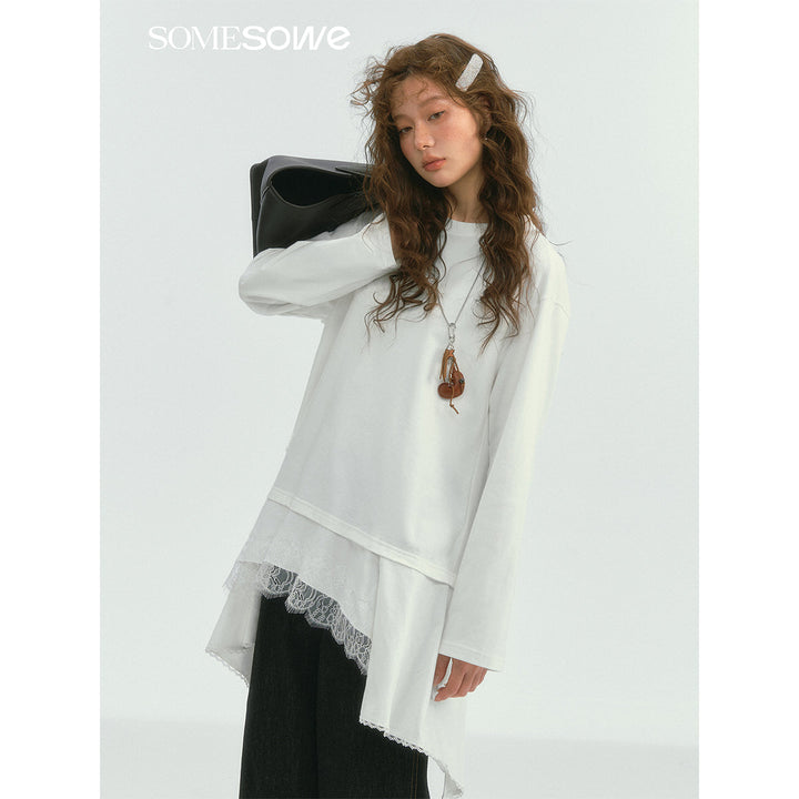 SomeSowe Lace Patchwork Fake-2-Piece Long Sleeve T-Shirt