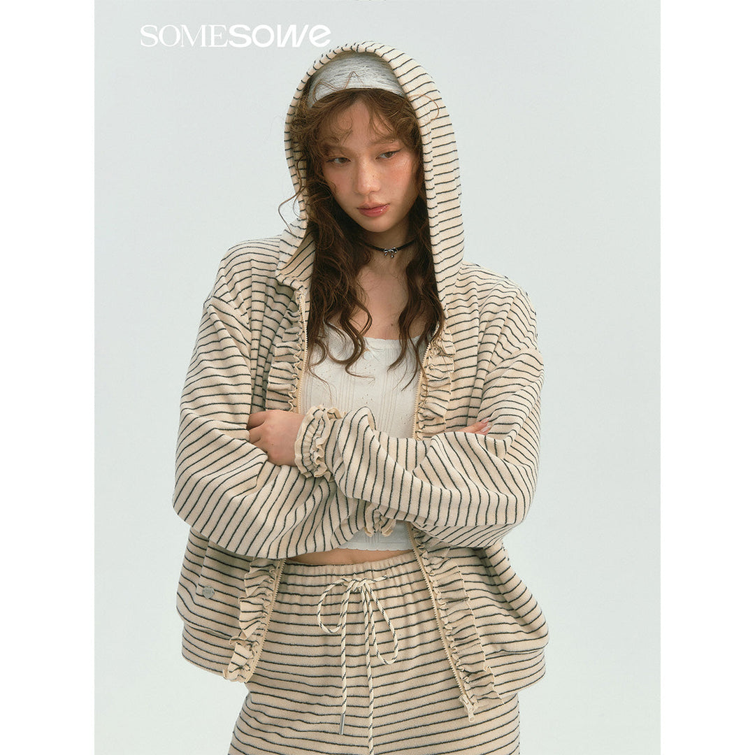 SomeSowe Soft Striped Ruffled Zip Up Hoodie White