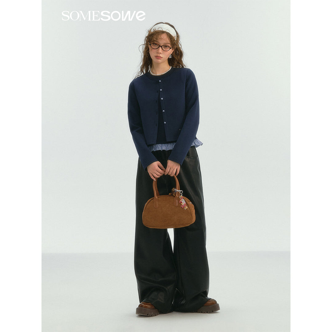 SomeSowe Fake-2-Piece Ruffled Round-Neck Top Navy Blue