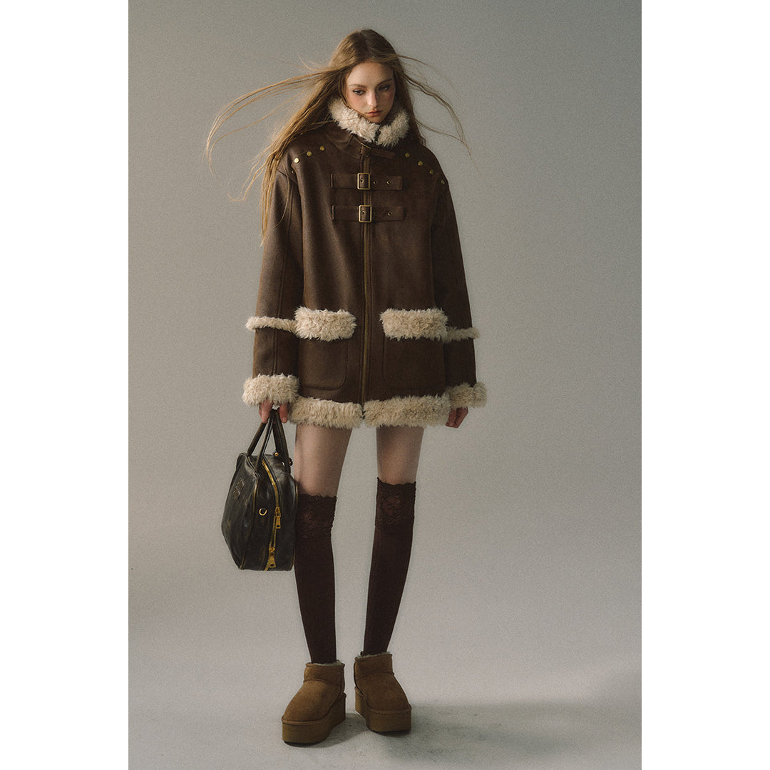 Via Pitti Fluffy Patchwork Reversible Suede Jacket Brown - Mores Studio