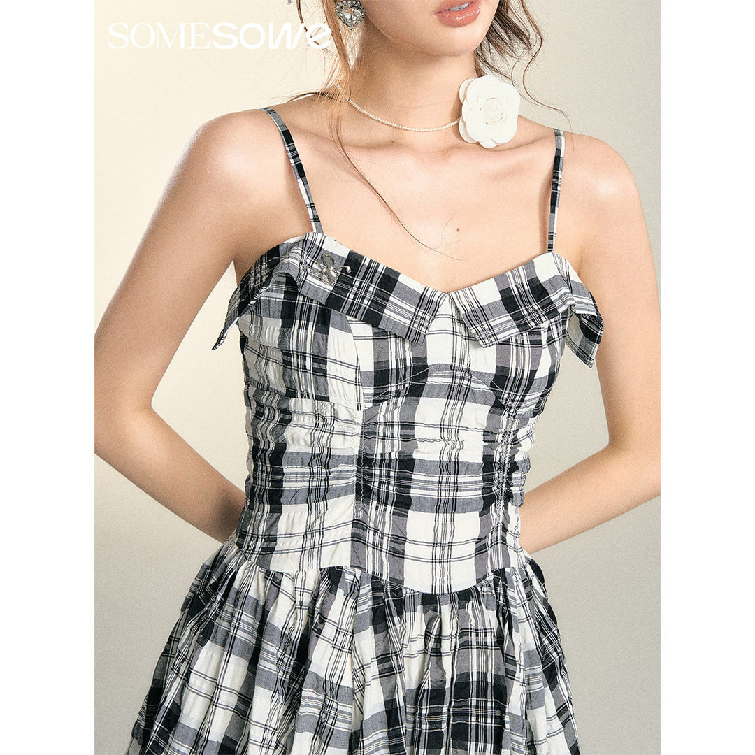 SomeSowe Pleated Checked Long Slip Dress