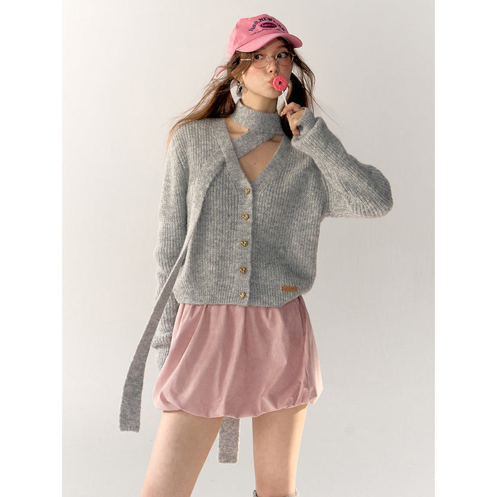 AsGony V-Neck Halter Ribbon Short Knit Cardigan Gray