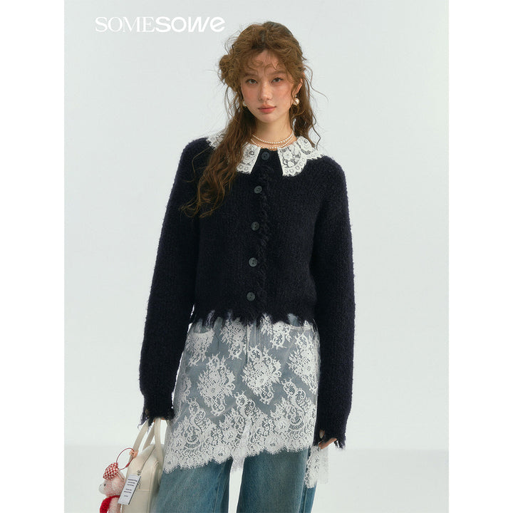 SomeSowe Lace Doll Collar Destroyed Cardigan Navy Blue