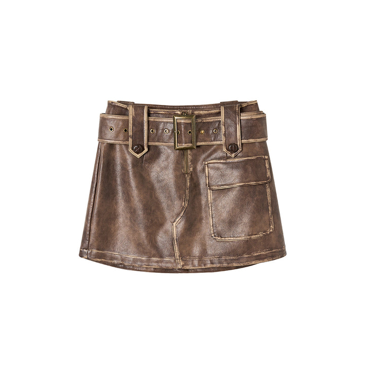 Via Pitti Distressed Heavy Washed Leather Skirt Brown - Mores Studio