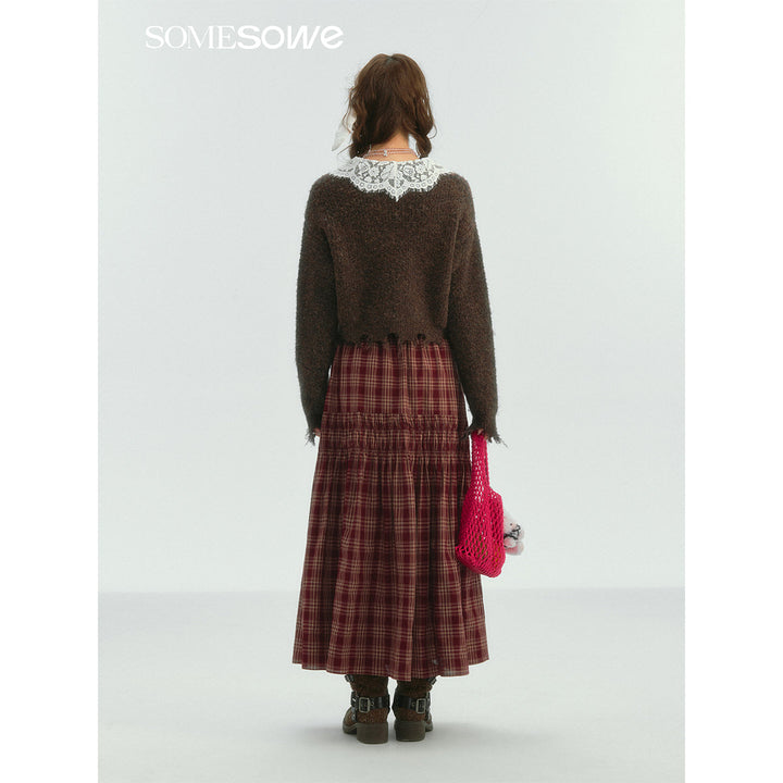 SomeSowe Lace Edge Plaid Drawstring Long Skirt Red