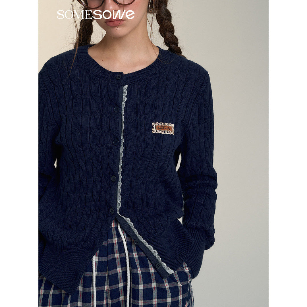 SomeSowe Lace Patchwork Twist Knit Cardigan Navy Blue