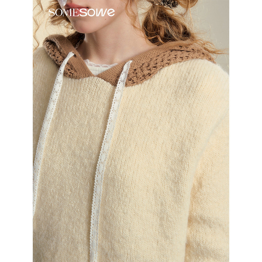 SomeSowe Hollow Out Hooded Knit Sweater Beige