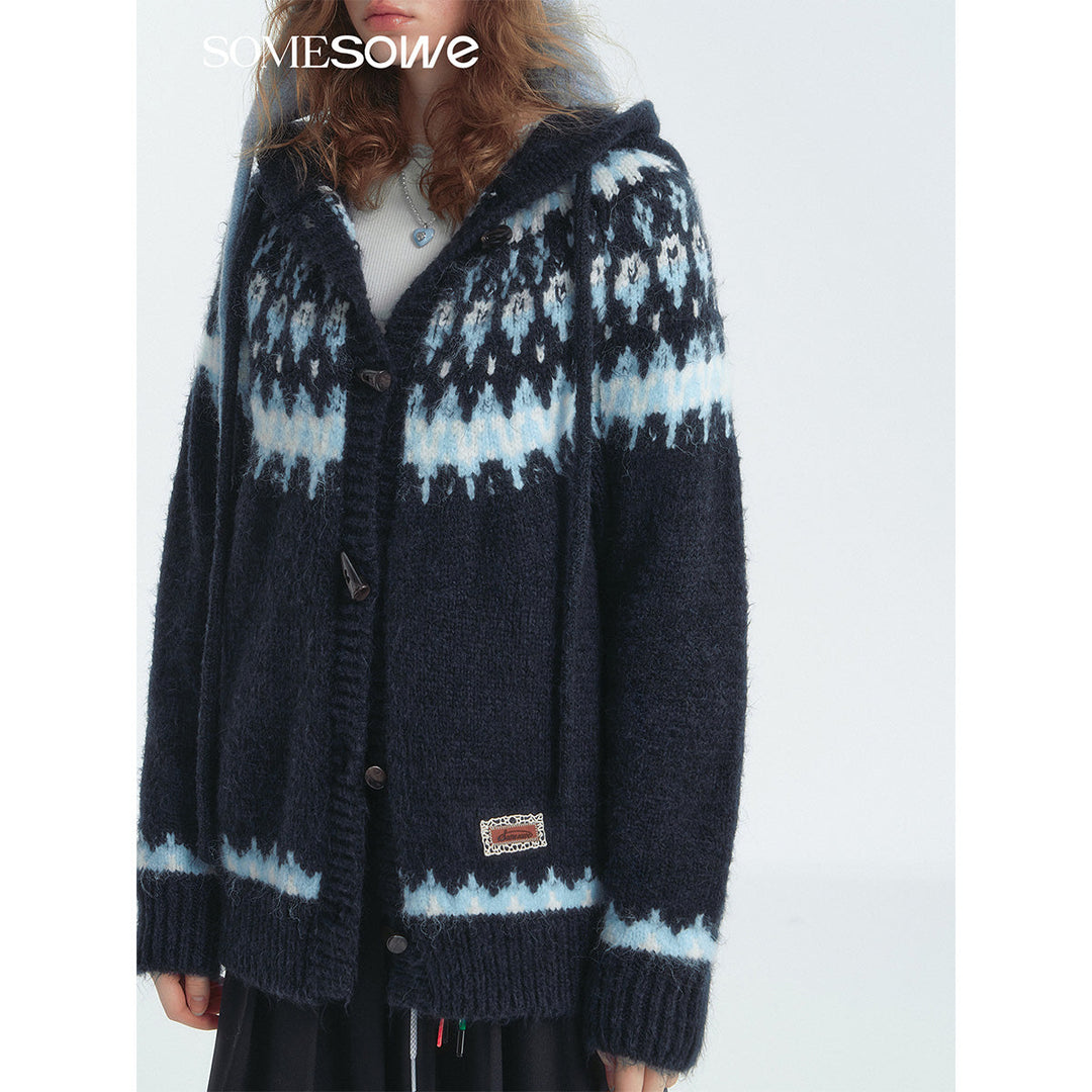 SomeSowe Fair Isle Hooded Knit Cardigan Navy Blue