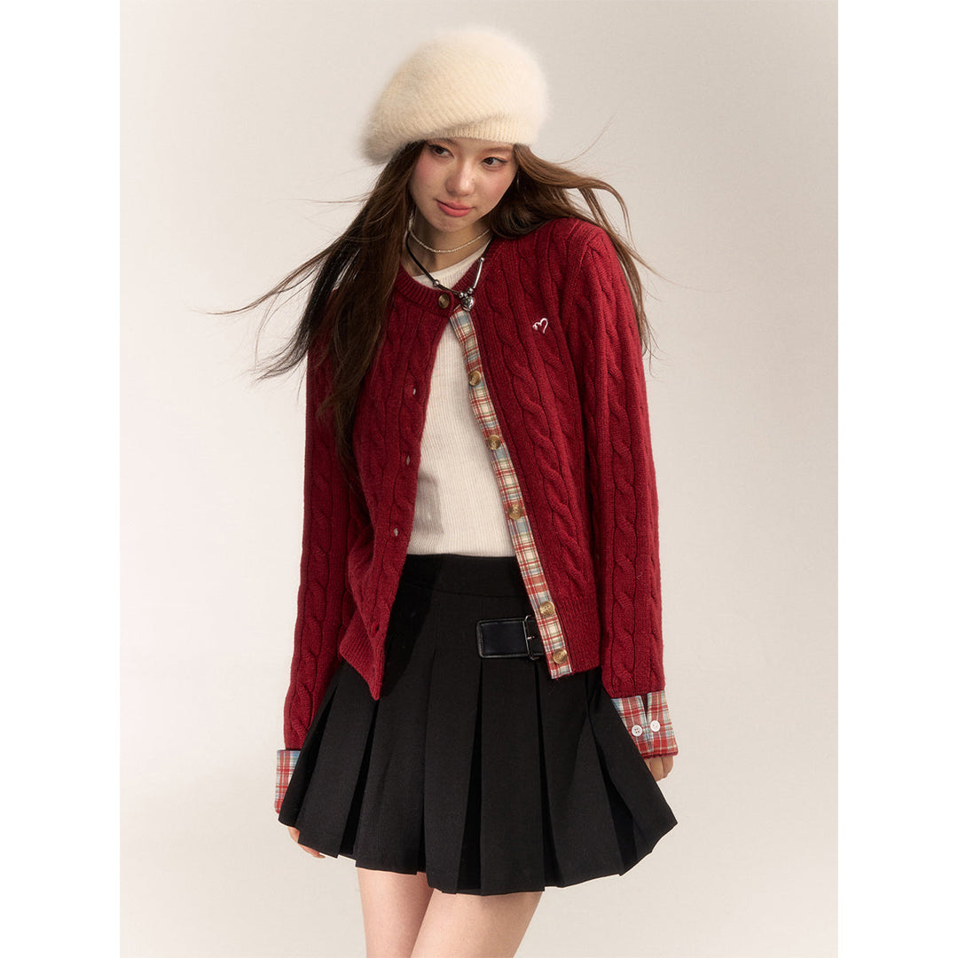 AsGony Blended Woolen Plaid Patchwork Knit Cardigan Red