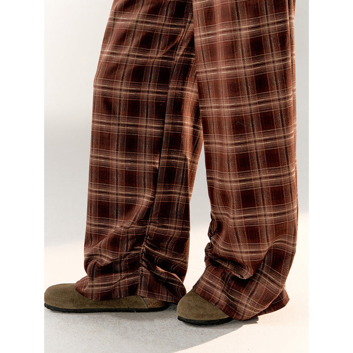 AsGony Retro Plaid High Waist Wide-Leg Pants Brown