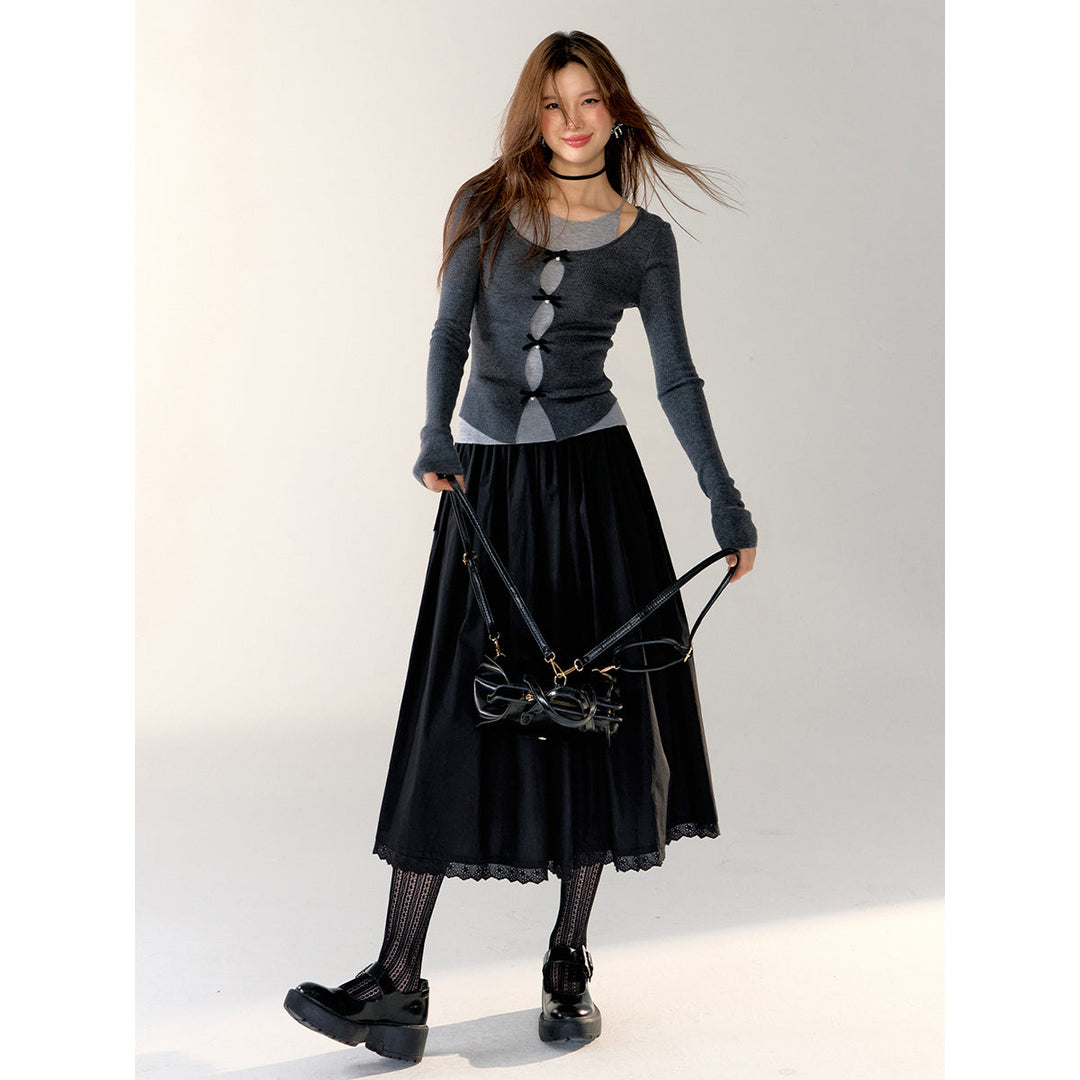 AsGony Lace Patchwork Drawstring Long Skirt Black