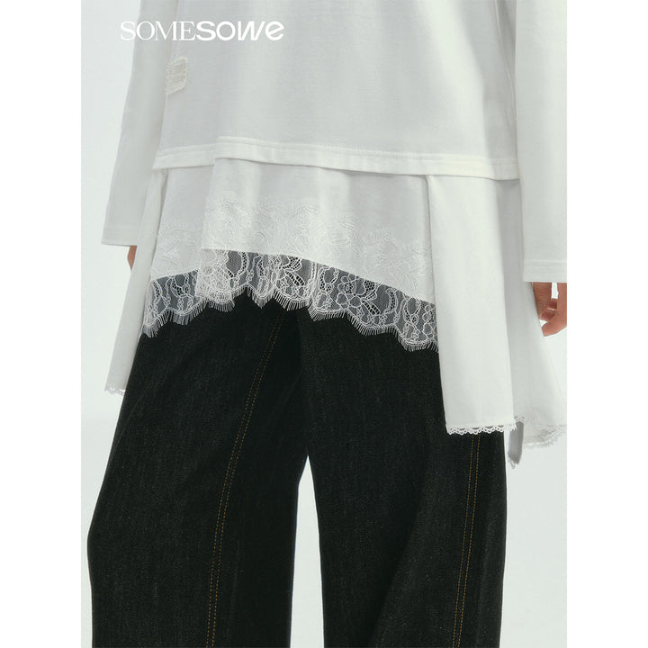 SomeSowe Lace Patchwork Fake-2-Piece Long Sleeve T-Shirt