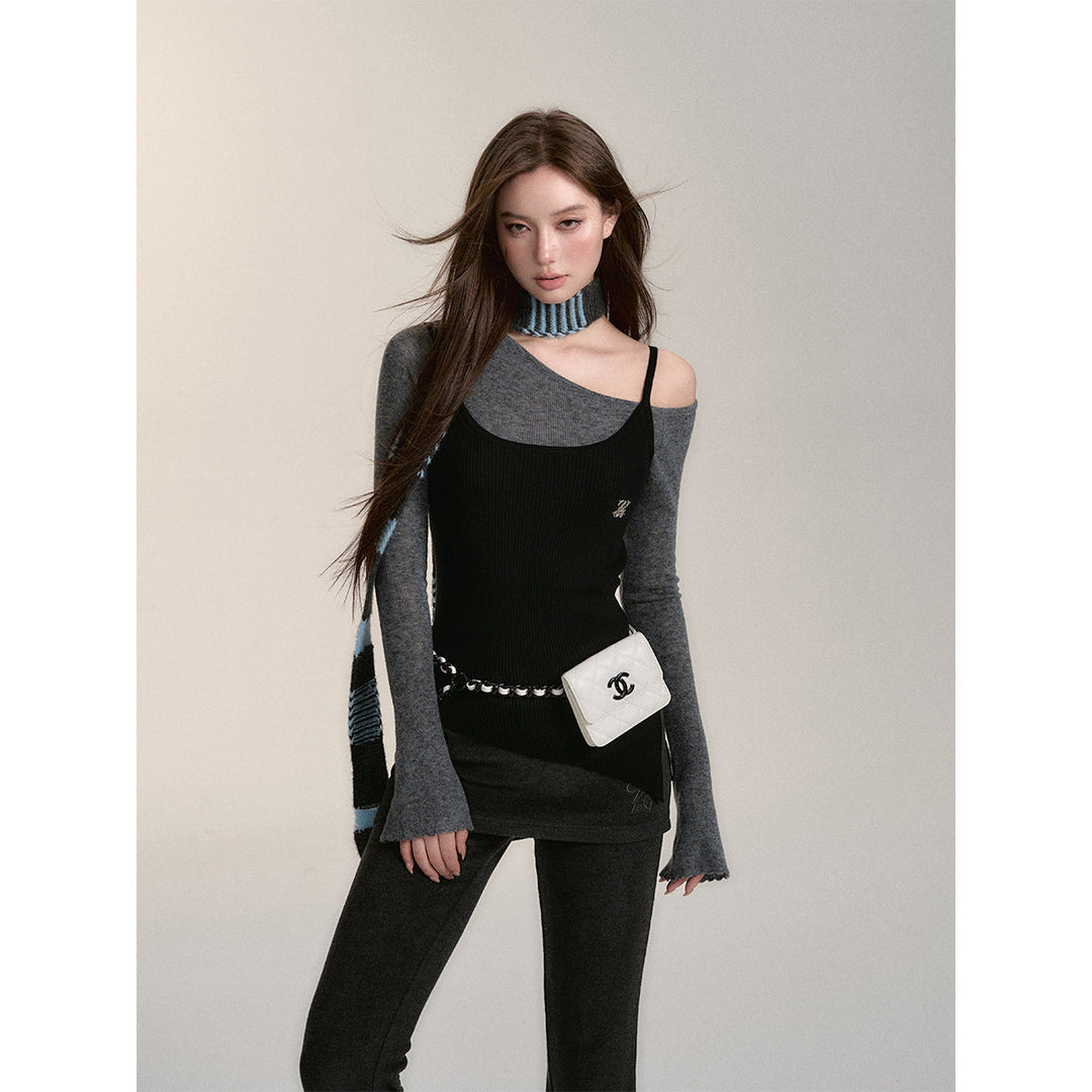 Via Pitti Fake-2-Piece Irregular Diagonal Shoulder Top Black