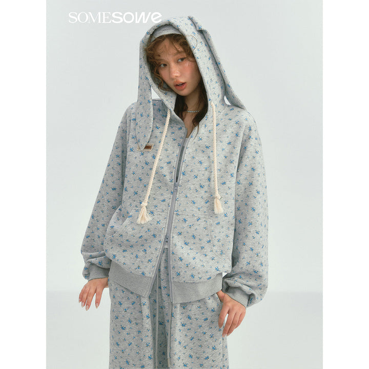 SomeSowe Rabbit Ears Floral Zip Up Hoodie Gray