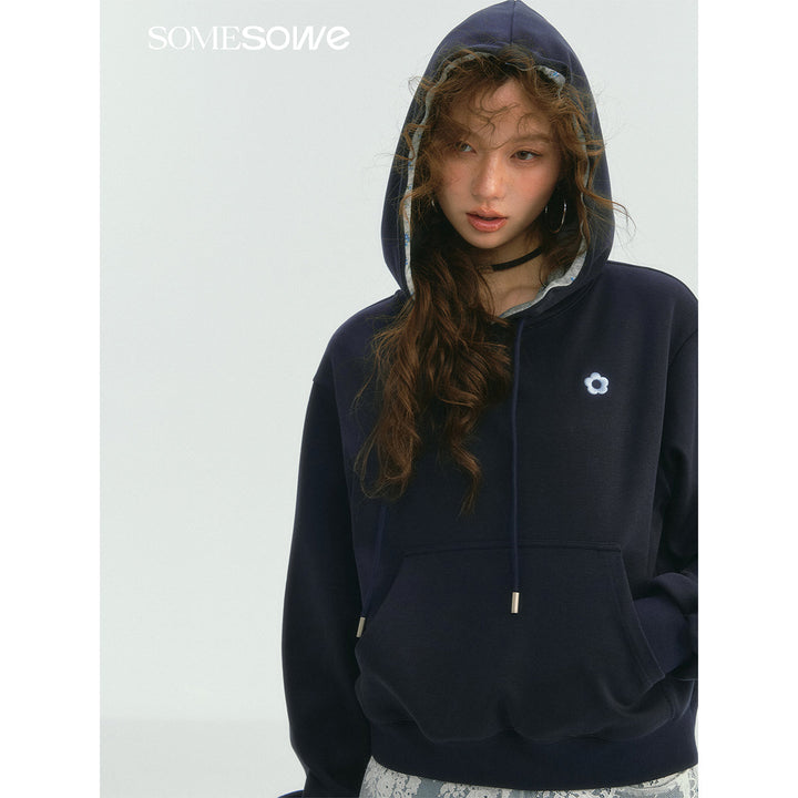 SomeSowe Contrast Color Floral Hoodie Navy Blue