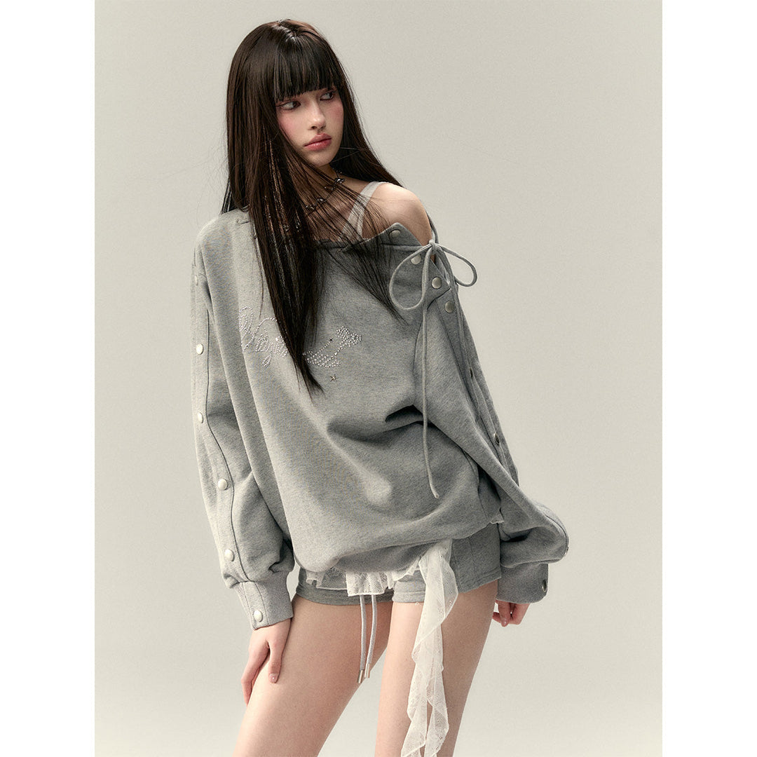 Via Pitti Nail Button Off-Shoulder Loose Sweat Top Gray