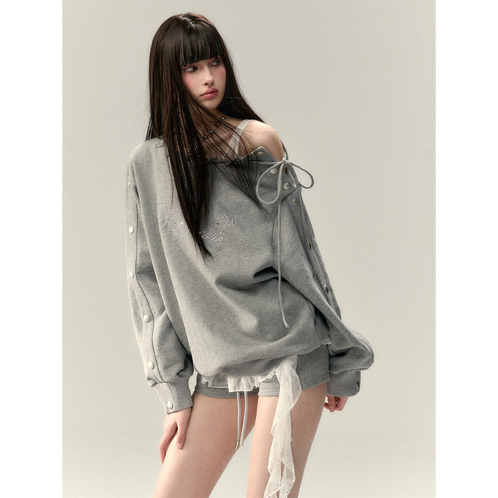 Via Pitti Nail Button Off-Shoulder Loose Sweat Top Gray