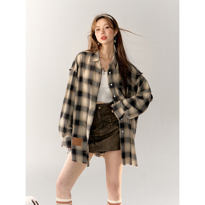 AsGony Retro Raw Edge Distressed Plaid Shirts Black