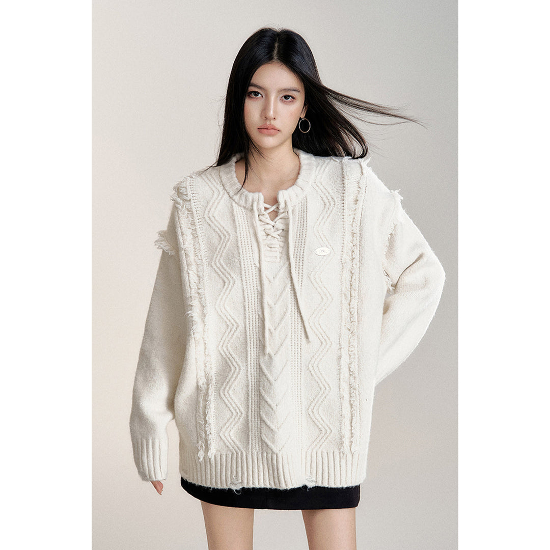 MacyMccoy Lace-Up Raw Edge Silhouette Sweater White