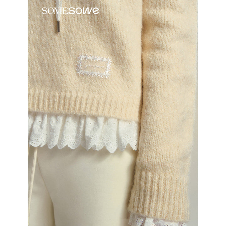 SomeSowe Hollow Out Hooded Knit Sweater Beige