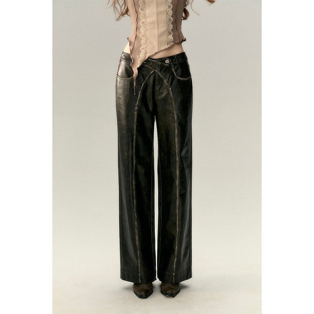 Via Pitti Cross Waist Distressed Leather Pants Black - Mores Studio