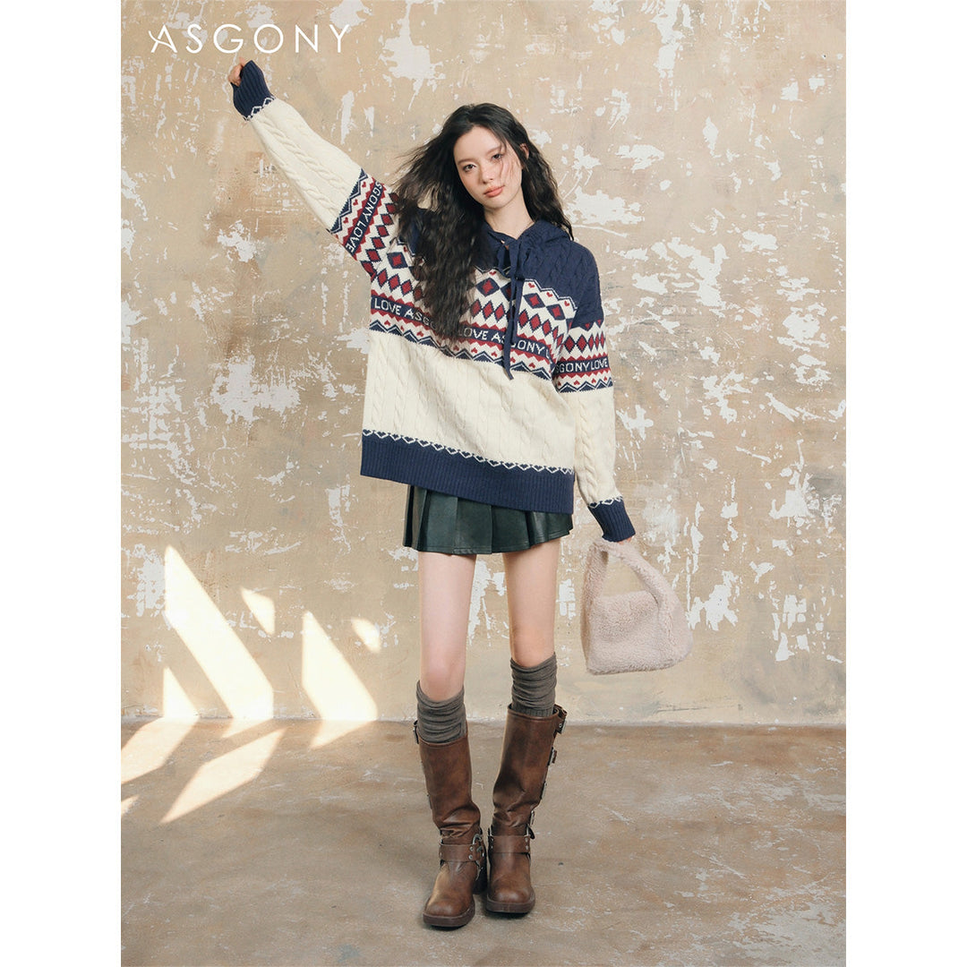 AsGony Fair Isle Oversized Knit Sweater Navy - Mores Studio