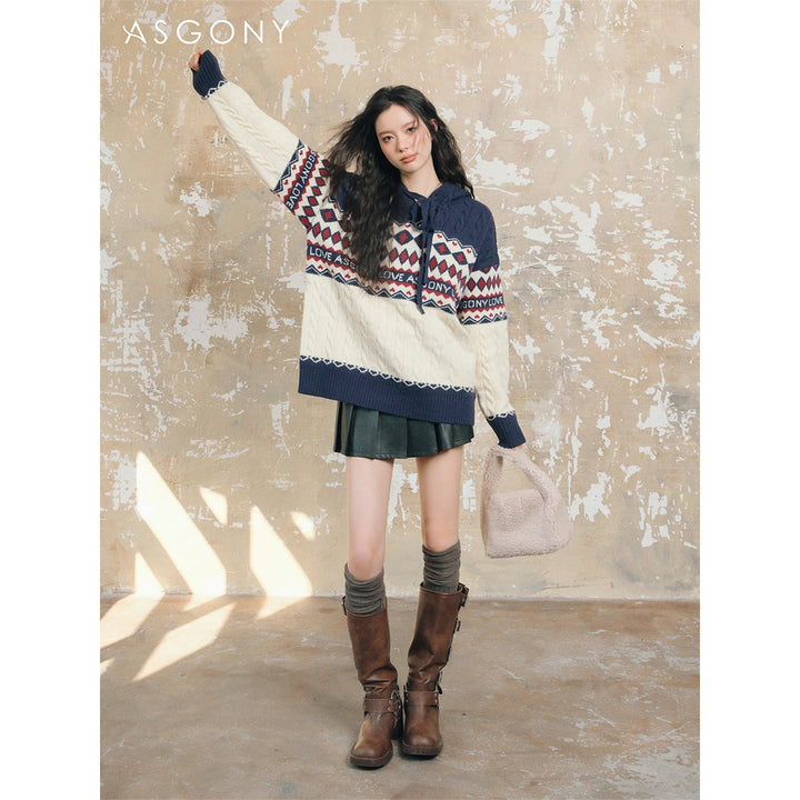 AsGony Fair Isle Oversized Knit Sweater Navy - Mores Studio