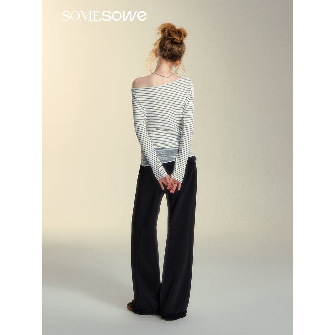 SomeSowe Elastic-Waist Lace Edge Wide-Leg Pants Black