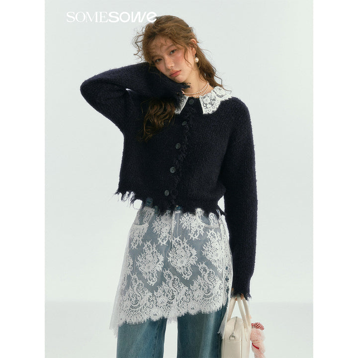 SomeSowe Lace Doll Collar Destroyed Cardigan Navy Blue