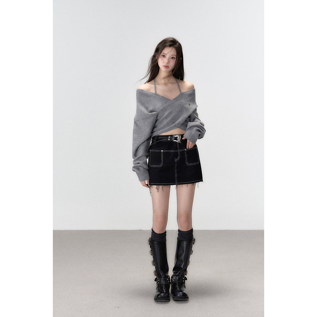 Via Pitti Halter Straps Crossed Knit Top Grey - Mores Studio