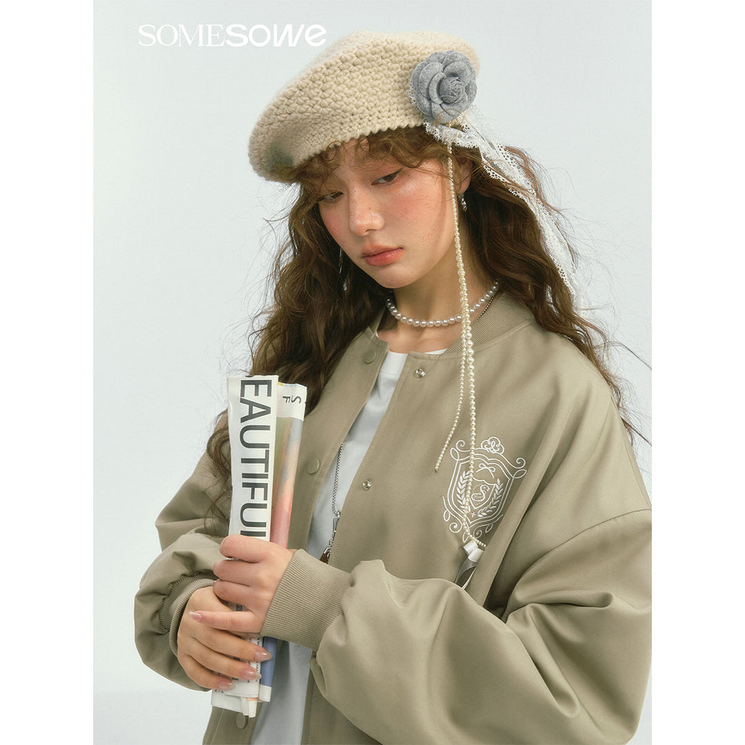 SomeSowe Bow Badge Casual Baseball Jacket Khaki