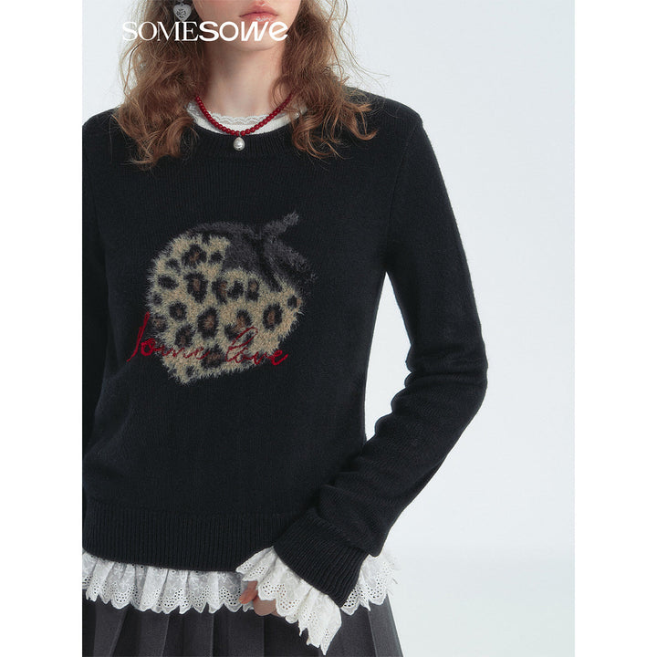 SomeSowe Leopard Strawberry Knit Sweater Black