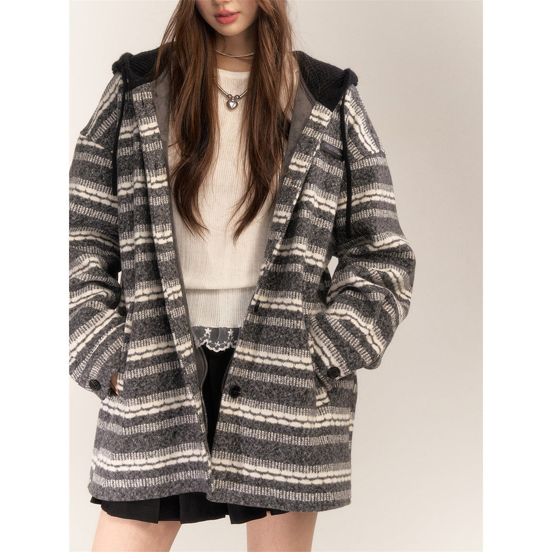 AsGony Striped Hooded Thicken Mid-Length Coat