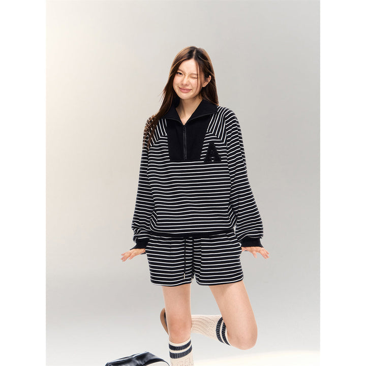 AsGony Striped Zipper Lapel Casual Sweater Black